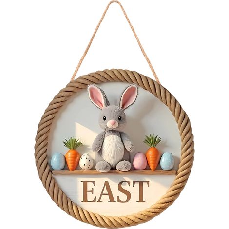 Panneau Porte De Pâques - Panneau Murale Ronde En Bois 30 Cm Avec Lapin Et Oeufs Colorés - Décoration De Porche Et Mur Intérieur - 1 Pièce (1/5)