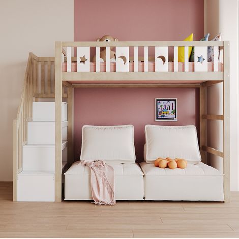 Lit mezzanine enfant 90 x 200 cm en bois marron avec escalier rangement et motifs lune-étoiles (1/5)