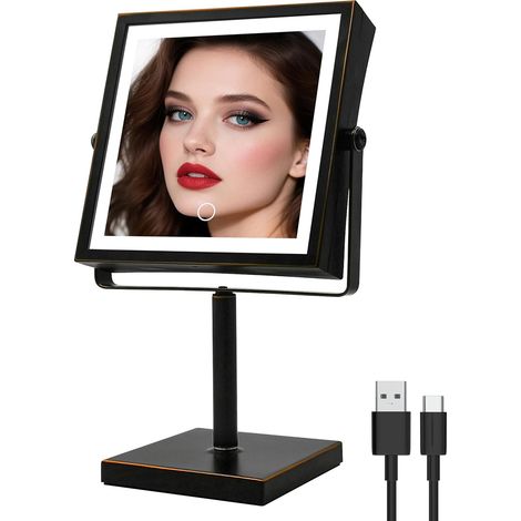 Miroir de maquillage avec lumières, miroir grossissant rechargeable 4000 mAh avec lumière, 1X/10X, miroir de coiffeuse de salle de bain réglable en hauteur, 3 couleurs, luminosité réglable (1/5)