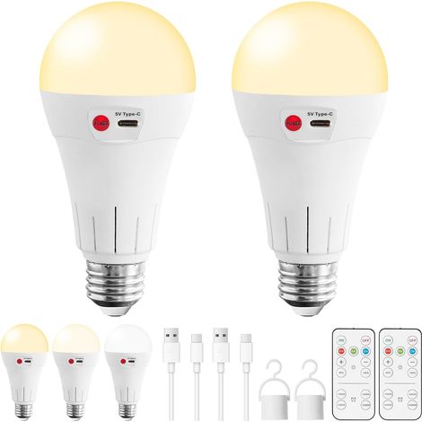 Lot de 2 Ampoules LED E27 Rechargeables avec Télécommande - Batterie 2000mAh USB-C - Variable 3 Couleurs - Éclairage de Secours Sans Fil (1/5)