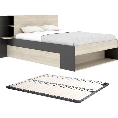 Lit 140 x 190 cm avec rangements - Coloris : Naturel et noir + Sommier - KEROSIA (1/5)