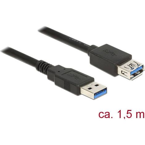 Delock Câble USB USB 3.2 Gen1 USB-A mâle, USB-A femelle 1.50 m noir contacts dorés 85055
