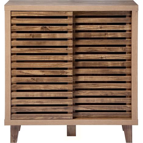 Calicosy – Buffet 2 portes coulissantes L80 cm – Lames ajourées – Décor bois – 5 pieds – Profondeur 29 cm – Hauteur 88,5 cm (1/5)