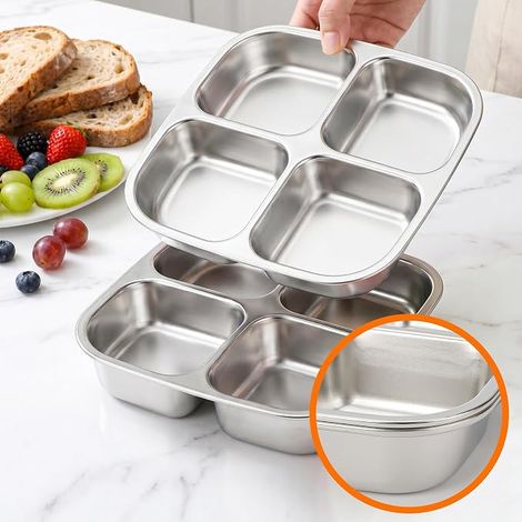 Stainless Steel Food Compartment 4 Compartments Lunch Boxes Reusable Divided Snack Boxes School Travel (1/4)