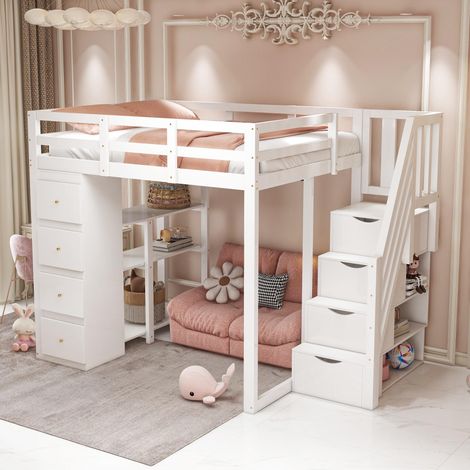 Lit mezzanine 140x200cm avec tiroir de rangement, commode avec étagères, échelle de sécurité avec tiroirs de rangement, lit multifonctionnel en bois massif, blanc., garantie 2 ans
