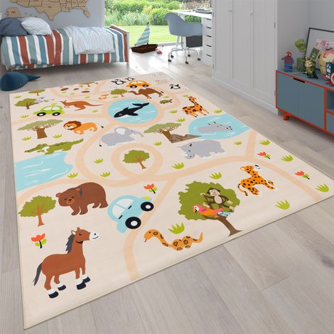 Paco Home Teppich Kinderzimmer Kinderteppich Spielteppich Dschungel Rutschfest Creme Grün 200 cm Rund