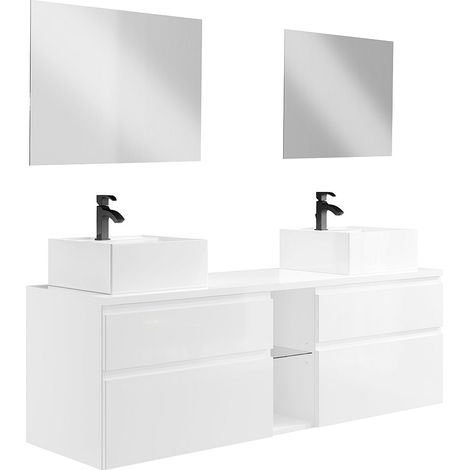Meuble de salle de bain suspendu avec double vasque et miroirs - Blanc - L150 cm - MAGDALENA II