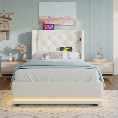 DESMIU Lit coffre 90 × 200 cm 1 place avec USB, Type-C, LED 3 côtés et matelas, en PU, blanc (1/5)