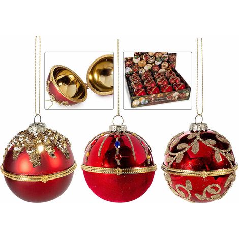 Boules cadeau de Noël en verre ouvrantes à décor brillant en relief, présentoir de 12, lot de 12, diam. 8 cm