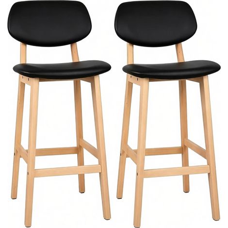 Set de 2 taburetes de bar con respaldo y asiento acolchados, negro, polipiel y madera (1/5)