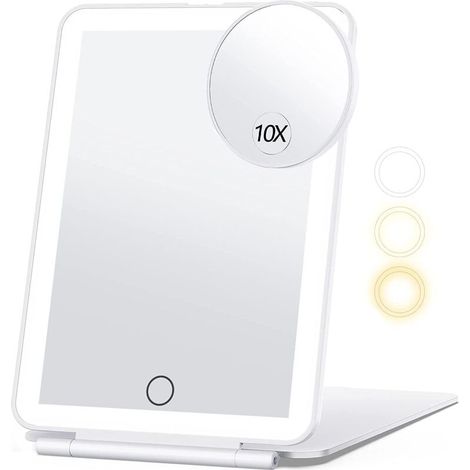 Lntyq Miroir de Maquillage de Voyage avec grossissement 10X, Miroir de courtoisie avec éclairage 3 Couleurs, Miroir de Maquillage Portable avec éclairage (Blanc)