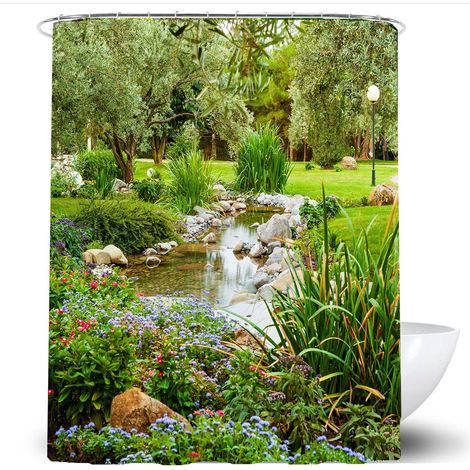 Rideau de douche vert 180 x 180 cm avec crochets, imperméable, en polyester anti-moisissure, motif feuilles de jardin. (1/5)