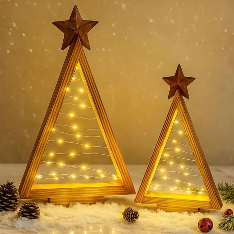 Weihnachtsdeko LED Weihnachtsbaum Holz mit Stern, 2 Stück Weihnachtsbaum Beleuchtet mit LED Lichterkette, Timer, Weihnachtsdeko Holz Baum Leuchtende für Tischdeko Weihnachten Deko Innen (1/5)