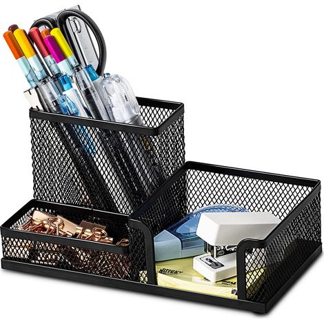 Organisateur De Bureau En Maille - 3 Compartiments - Support Pour Stylos Et Accessoires De Bureau - Noir - 1 Pièce (1/5)