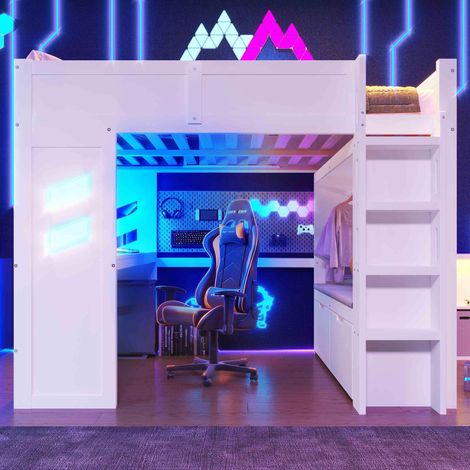 Lit mezzanine 140x200cm, lit gaming avec bureau intégré, éclairage LED, 1 port USB, 1 port USB-C, échelle, bureau, tiroir, penderie, matelas non inclus, blanc, garantie 2 ans