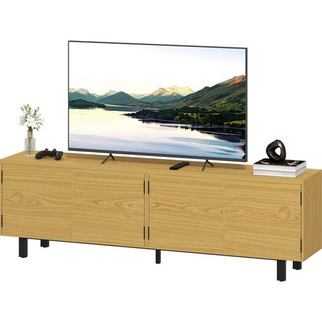 Meuble TV 180 cm pour écran 82 pouces, 4 portes à ouverture par pression, 180 x 35 x 55,5 cm, bois naturel