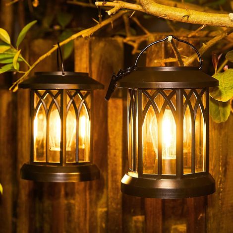 Lanterne Solaire Exterieur Jardin, 2 Pièces Lampe Solaire Exterieur Suspendue Decorative, LED IP65 Étanche Lumiere Solaires Exterieurs Blanc Chaud Tungstène avec Clips pour Deco Jardin Balcon (1/5)