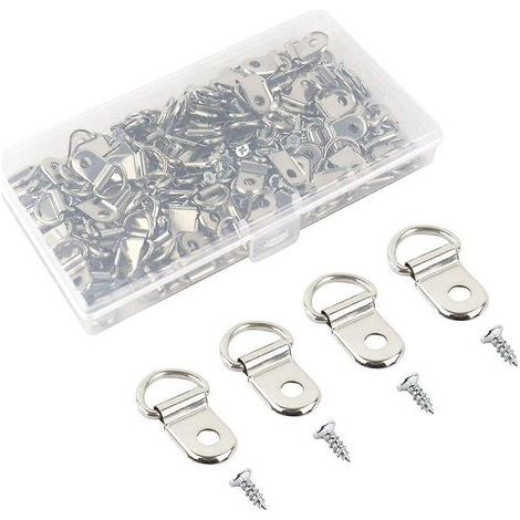 (argento) Confezione da 100 ganci a D per quadri con viti, ganci a D per appendere oggetti, ganci resistenti per cornici e specchi, anelli a D per lavori artigianali (1/5)