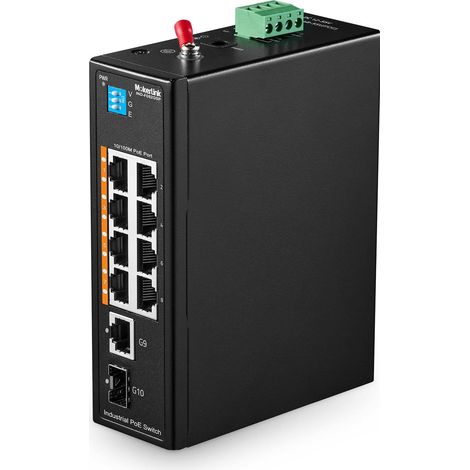 10 Port PoE Industrial Din Rail Switch, 8 Ports PoE+ 100Mbps IEEE802.3af/at, 1 Gigabit Ethernet and 1 SFP Uplink, Vlan (1/5)