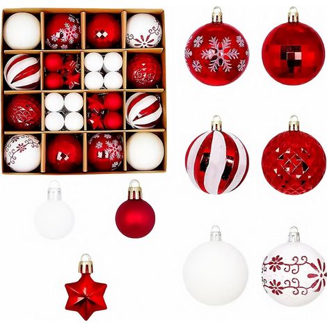 Weihnachtskugeln, 44 Stück wunderschön bemalte Weihnachtskugeln, bruchsicher und langlebig, funkelnder Christbaumschmuck, 6 cm und 3 cm, rote und weiße Weihnachtskugeln (1/5)