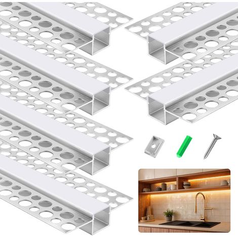 Profilé LED à Enduire pour Placo, Lot de 6 × 1m, Profil Aluminium LED Encastrable avec Diffuseur Opale, Compatible Ruban LED jusqu’à 13mm, Double Aile Trimless pour Mur et Plafond (1/5)
