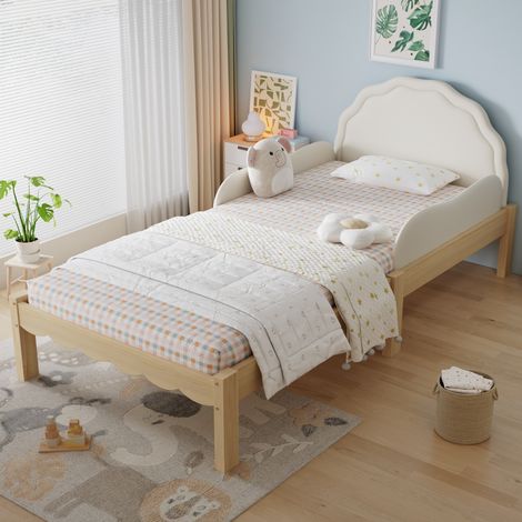 Cama infantil tapizada 98x207x82 cm, cabecero PU acolchado, barandillas laterales, marco de madera, beige y natural (1/5)