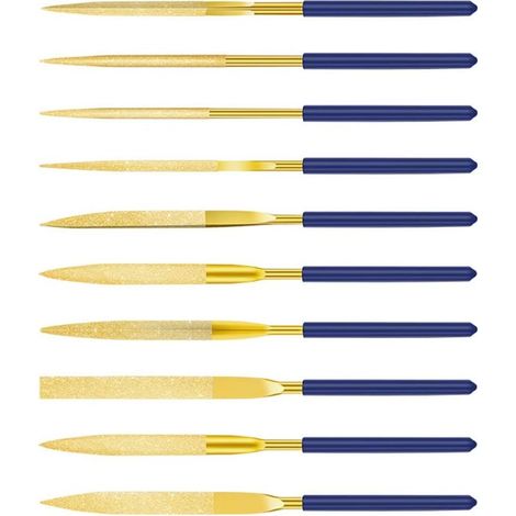 Lot de 10 mini limes à modeler diamantées 140 mm pour métal, plastique, verre, bois, bijoux, sculpture – Or et bleu (1/5)