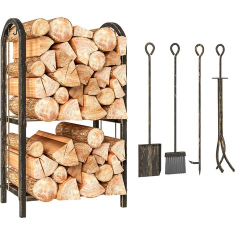 Outsunny estante de leña de metal, de 2 niveles con 4 herramientas de chimenea y ganchos, para interior y exterior, carga 100 kg, 43x30x74 cm, marrón (1/5)