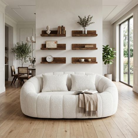FurnitureR Wohnzimmer Set rundes gepolstertes Sofa mit 6 Wandregalen modernes Möbel Set komfortable Sitzlösung mit Aufbewahrung für kleine Räume Creme Holzoptik