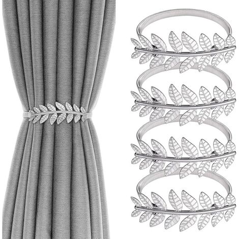 4 Pcs Embrasses de Rideaux, Attache Rideaux Fenetre Pince Cordes à Pinces à Rideaux, Embrasses à Rideaux Réglables, Argenté Feuilles Sangle de Décoration de Rideau pour Maison Bureau Hôtel (1/2)