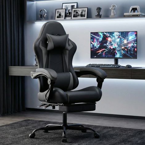 Silla ergonómica para gaming - 58,5 x 63 x 120,5 cm - Soporte lumbar, reposabrazos articulados y reposapiés - Negro y gris (1/5)