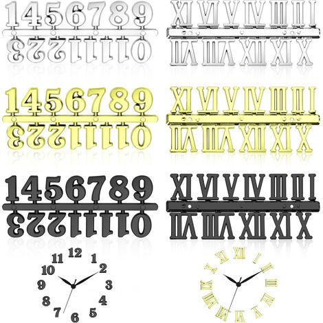 6 Kits Chiffres Horloge, Plastique Noir Or Argent, Arabe Romain, Réparation DIY Murale (1/5)