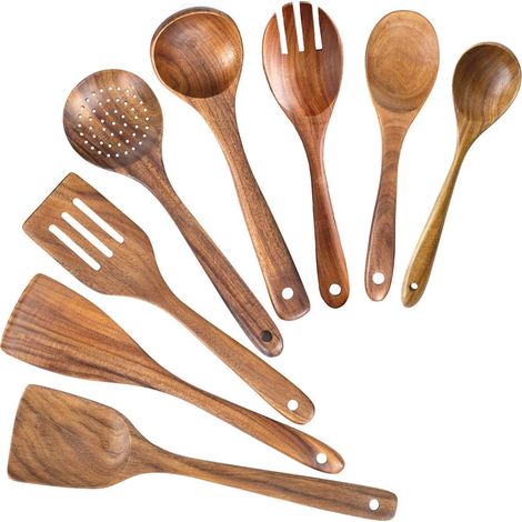 Cuillère En Bois - Spatule En Bois - Lot De 8 Ustensiles De Cuisine En Teck Naturel Sans Revêtement - Pour Casseroles Antiadhésives - Usage Cuisine Maison (1/5)