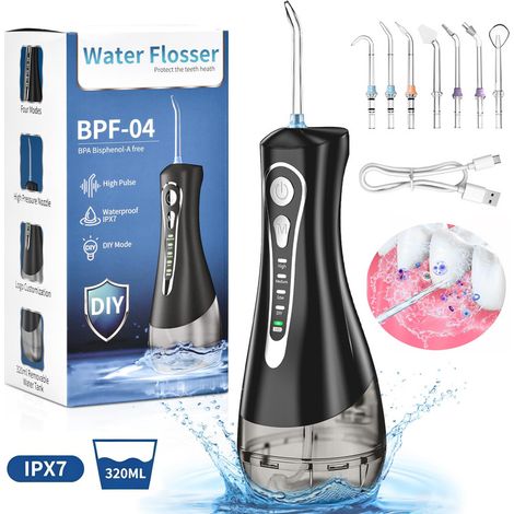 Jet Dentaire Hydropulseur Portable - 320ml IPX7 – 4 modes & Silencieuse 55dB – Rechargeable - Autonomie 45j – Buse 360° – Noir (1/5)