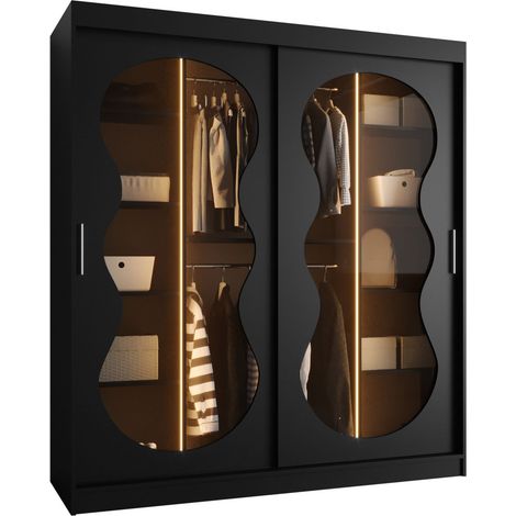 Armario Hartford 530, Negro, 200x180x62cm, Puertas de armario: Correderas, Número de estantes: 9, LED