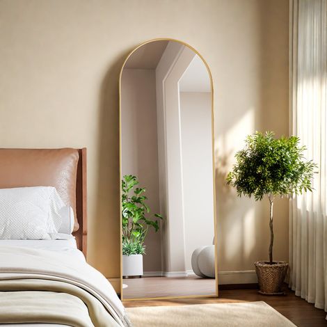 Miroir sur pied 162 x 53cm - Miroir pleine longueur arqué - Grand miroir de dressing - Cadre aluminium étroit - Doré moderne - Pour salon et chambre