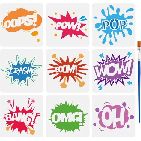 9Pcs Pochoir de Peinture de Texte de Bande Dessinée Avec Pinceau 15x15cm Oops Wow Pop Crash Boom Bang Omg Oh Modèle de Dessin Étoile Foudre Avec Mots Pochoir DIY pour Bois Mur Tissu (1/5)