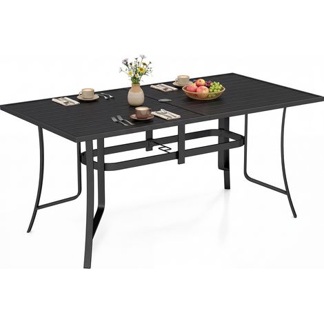 Table à Manger Jardin 6 Personnes, Table Exterieur Rectangulaire en Métal avec Trou pour Parasol de 4/5 cm, Plateau à Lattes, 160 x 84 x 73 cm, Noir (1/5)