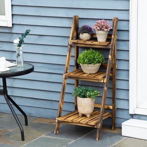 Stand de plantes 3 niveaux pliant 93 cm haut étagère bois support pots fleurs escalier salon balcon jardin brun foncé.