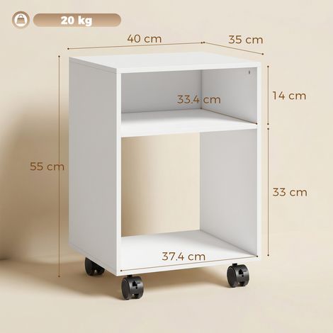 Support d'imprimante en bois avec roulettes freinées, deux compartiments ouverts, 40x35x55cm, pour bureau/atelier, blanc. (1/5)