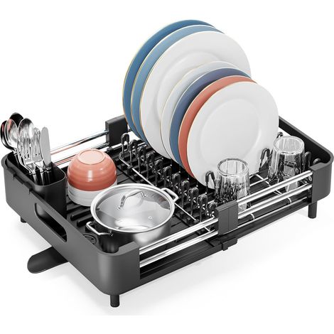 Egouttoir Vaisselle, Egoutoire Vaisselle Cuisine Extensible(32-47CM), Égouttoir Vaisselle en Acier Inoxydable avec Porte-Couverts, Égouttoir à Vaisselle Pliable avec Bec de Drainage (1/5)