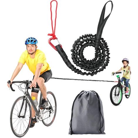 Corda di traino per bicicletta, corda di tensione, portatile, riflettente e antiscivolo, per mountain bike/biciclette flessibili per adulti e bambini, nera (1/5)