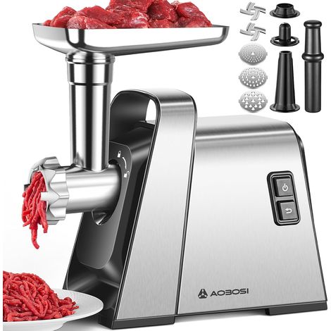 Hachoir a viande AOBOSI 3-en-1 Hachoir à viande électrique avec 3 plaques de coupe en inox, 1 Kubbe et 1 tubes de remplissage pour saucisses, moteur [3000w Max], Hachoir avec 2 lames. (1/5)