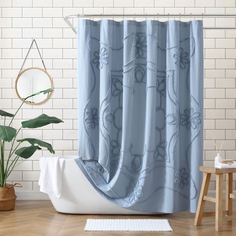 Rideau de Douche en Tissu 100% Coton pour Salle de Bain, 183 x 183 cm, Rouleau rétro Bleu (1/5)