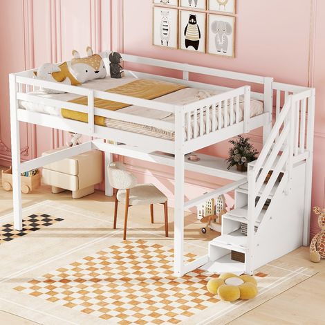 Hochbett 140x200 cm – Hochbett mit integriertem Schreibtisch und Stauraum – Massives Kiefernholz – Weiß