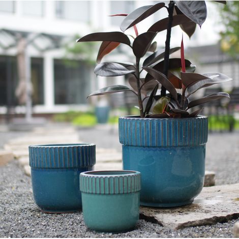 Vaso da fiori in ceramica color verde acqua, realizzato a mano, Ø 38 cm, con fori di drenaggio, resistente al gelo, adatto per uso interno ed esterno. (1/5)