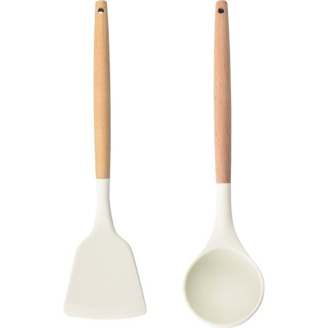 Ustensiles De Cuisine En Silicone - Manche En Bois D'Acacia - Résistant À La Chaleur Pour Poêles Antiadhésives - Set De 6 Pièces (1/5)