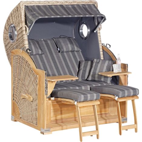 SunnySmart Garten-Strandkorb Rustikal 500 PLUS TEAK COMFORT 3/4-Liegemodell 2-Sitzer XL antikweiß/an