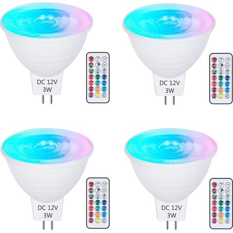 4x AC/DC 12V MR16 Ampoules LED à Changement de Ccouleur GU5.3 avec Télécommande RGB+Blanc Froid Dimmable, 3W Équivalent 30W, Lumières D'ambianc, avec Fonction de Mémoire et de Synchronisation