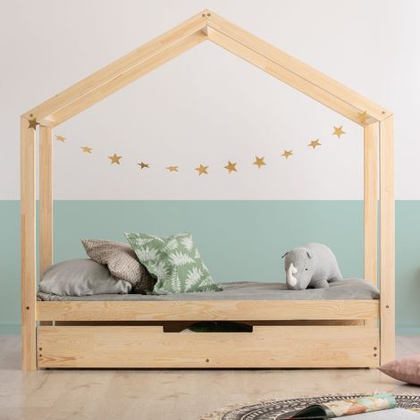 Lit cabane 70x140 sommier et tiroir inclus Aude Bois